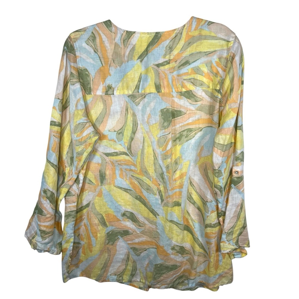 Rachel Zoe 100% Linen Tunic Top Womens 1X Pastel Tropical Roll Tab Sleeve Blouse - Picture 5 of 8